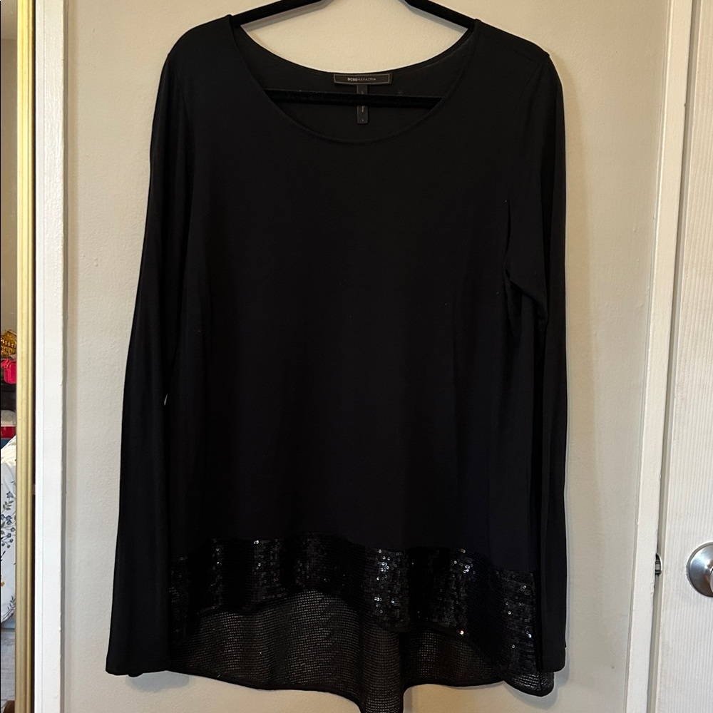 BCBG Black Long Sleeve Top with Sequin Hem